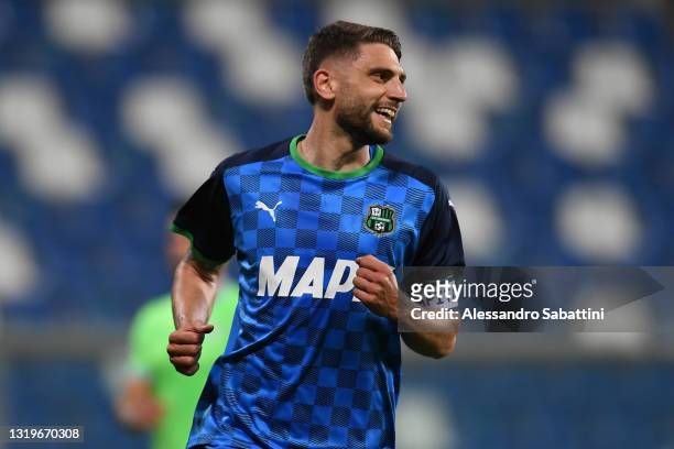 Domenico Berardi of Sassuolo celebrates after scoring their team's second goal during the Serie A match between US Sassuolo and SS Lazio at Mapei...