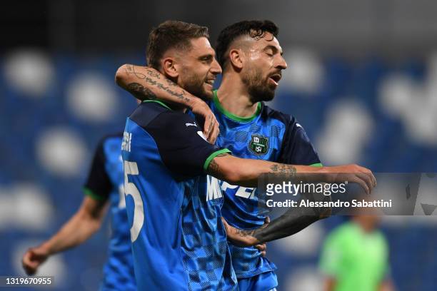 Domenico Berardi of Sassuolo celebrates after scoring their team's second goal with Francesco Caputo during the Serie A match between US Sassuolo and...