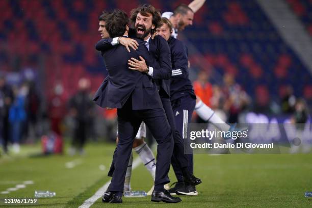 Andrea Pirlo head coach of Juventus FC clebrate the qualification at Champions League 2021/22 at the end of Serie A match between Bologna FC and...