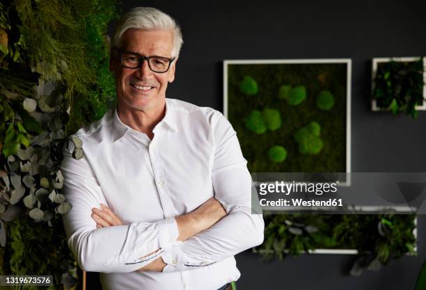 confident businessman leaning at plant surrounding wall in office - surrounding wall stock-fotos und bilder