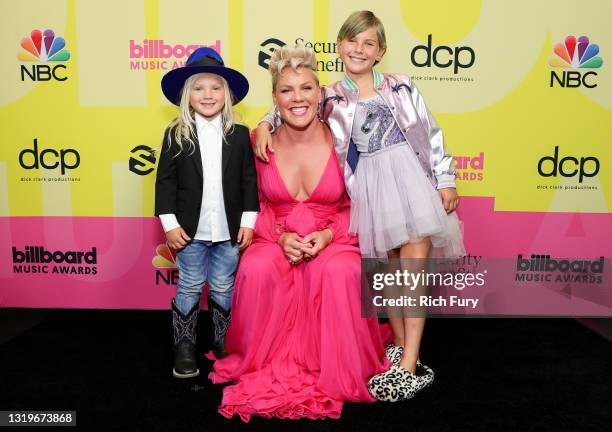 In this image released on May 23, Jameson Moon Hart, P!nk, and Willow Sage Hart pose backstage for the 2021 Billboard Music Awards, broadcast on May...