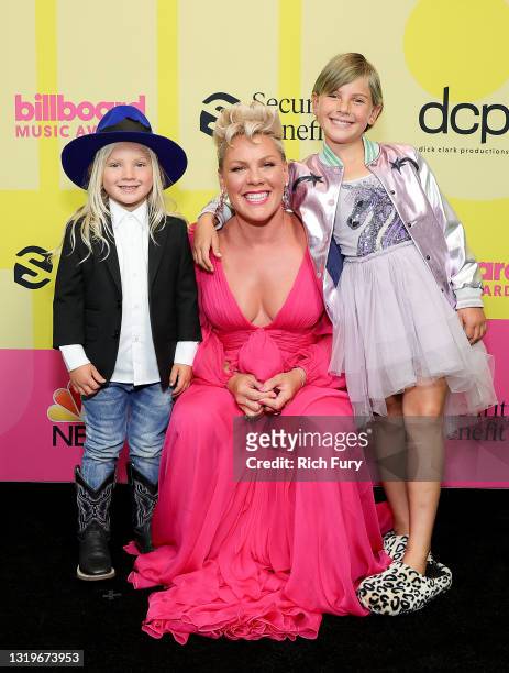 In this image released on May 23, Jameson Moon Hart, P!nk, and Willow Sage Hart pose backstage for the 2021 Billboard Music Awards, broadcast on May...