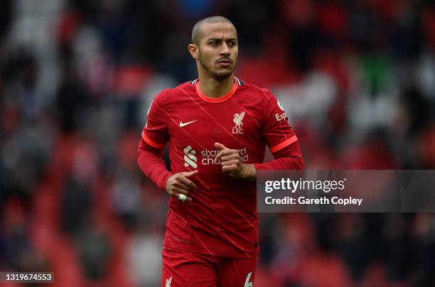 Thiago Alcântara of Liverpool during the Premier League match between Liverpool and Crystal Palace at Anfield on May 23, 2021 in Liverpool, England.