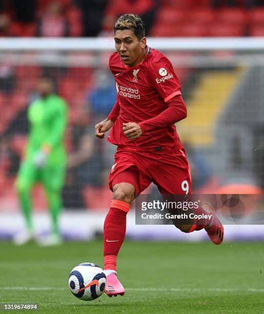 Roberto Firmino of Liverpool during the Premier League match between Liverpool and Crystal Palace at Anfield on May 23, 2021 in Liverpool, England.