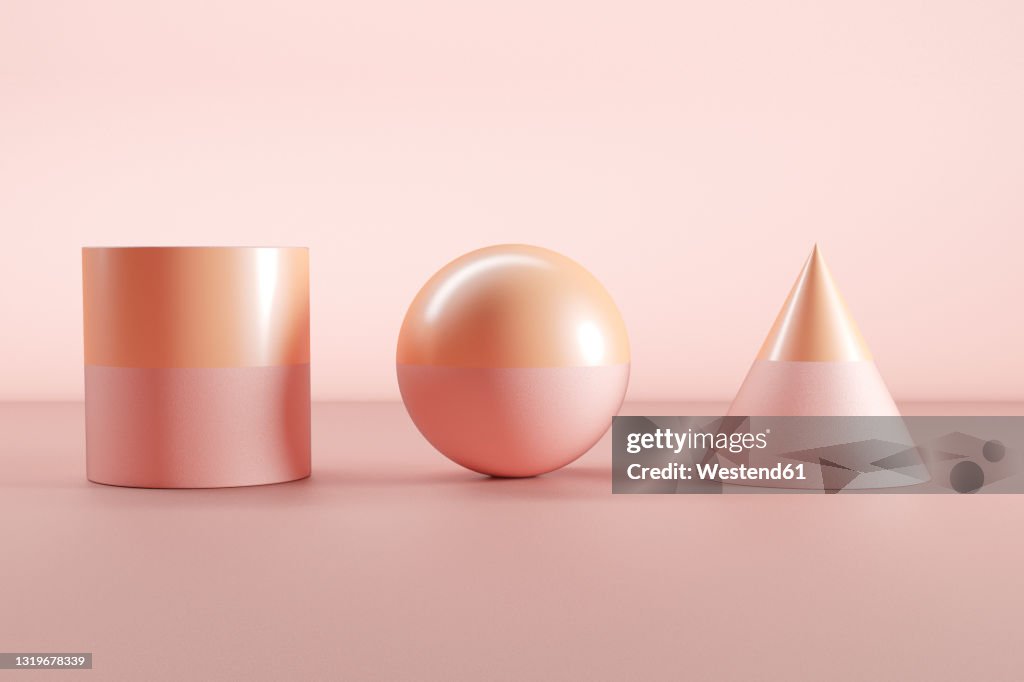 Three dimensional render of pink and orange sphere, cone and cylinder