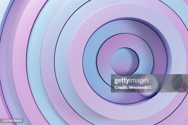 three dimensional render of small sphere balancing on blue and purple overlapping rings - shapes and sizes stock-grafiken, -clipart, -cartoons und -symbole