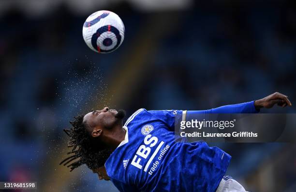 Wilfred Ndidi of Leicester City heads the ball during the Premier League match between Leicester City and Tottenham Hotspur at The King Power Stadium...