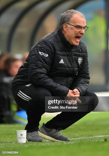 Leeds manager Marcelo Bielsa looks on from the sideline during the Premier League match between Leeds United and West Bromwich Albion at Elland Road...