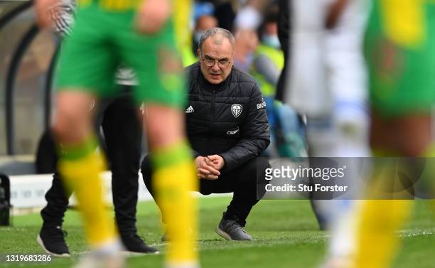 Leeds manager Marcelo Bielsa looks on from the sideline during the Premier League match between Leeds United and West Bromwich Albion at Elland Road...