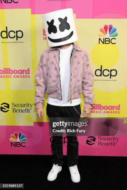 Marshmello poses backstage for the 2021 Billboard Music Awards, broadcast on May 23, 2021 at Microsoft Theater in Los Angeles, California.