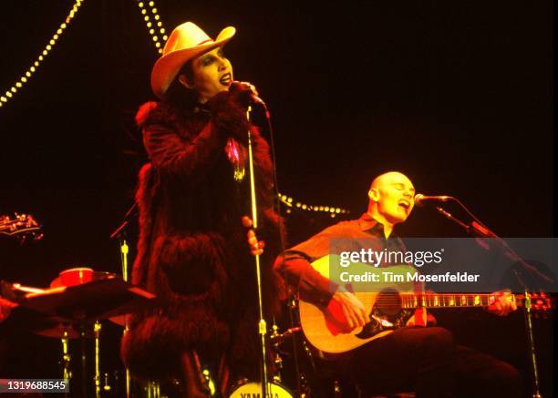 Marilyn Manson performs with Billy Corgan of The Smashing Pumpkins during Neil Young's Annual Bridge School benefit at Shoreline Amphitheatre on...