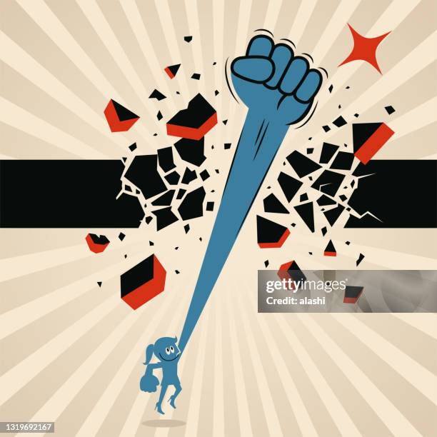 one woman (businesswoman, female leader) punches and breaks through a ceiling wall with her powerful fist, breakthrough, and revolution, conquering adversity and breaking the rules concept - smashing stock illustrations