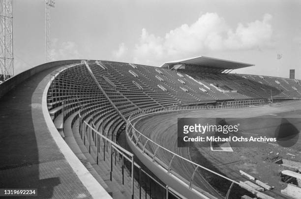 Construction nearing completion on the Velodromo Olimpico , which will host the track cycling and field hockey events at the 1960 Summer Olympics,...