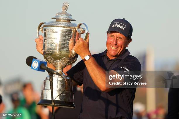Phil Mickelson of the United States celebrates with the Wanamaker Trophy after winning during the final round of the 2021 PGA Championship held at...