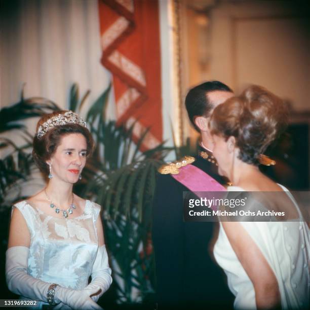 Belgian Royal Queen Fabiola of Belgium wearing the Spanish Wedding Gift Tiara, with sapphire drop earrings and a necklace with sapphire pendants,...