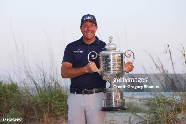 Phil Mickelson of the United States celebrates with the Wanamaker Trophy after winning during the final round of the 2021 PGA Championship held at...
