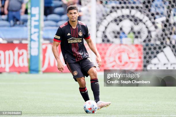 Miles Robinson of Atlanta United controls the ball against the Seattle Sounders during the second half at Lumen Field on May 23, 2021 in Seattle,...