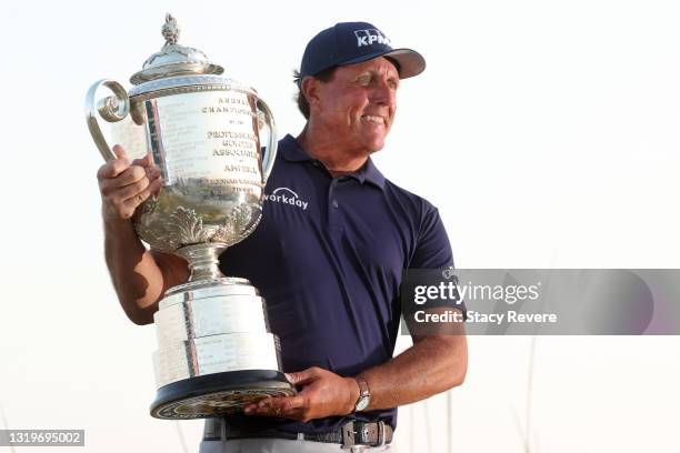 Phil Mickelson of the United States celebrates with the Wanamaker Trophy after winning during the final round of the 2021 PGA Championship held at...