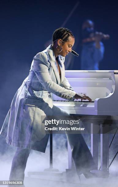 In this image released on May 23, Alicia Keys performs onstage for the 2021 Billboard Music Awards, broadcast on May 23, 2021 at Microsoft Theater in...