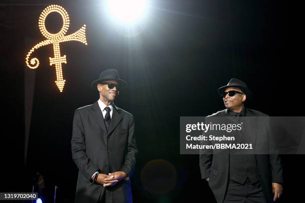 In this image released on May 23, Jimmy Jam and Terry Lewis speak at Paisley Park for the 2021 Billboard Music Awards, broadcast on May 23, 2021 at...