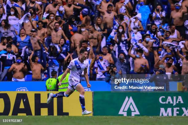 Santiago Ormeño of Puebla celebrates after scoring the first goal of his team during the semifinals second leg match between Puebla and Santos Laguna...