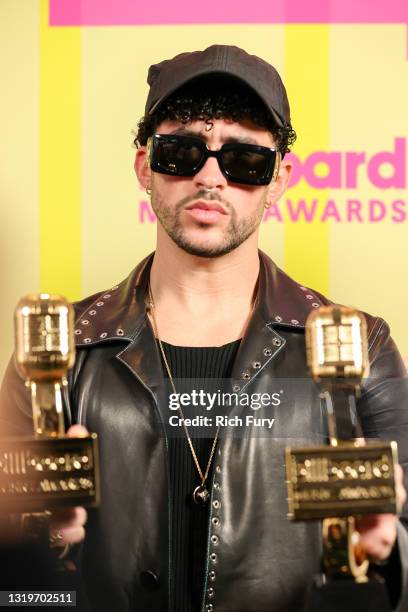 Bad Bunny, winner of the Top Latin Artist Award poses backstage for the 2021 Billboard Music Awards, broadcast on May 23, 2021 at Microsoft Theater...