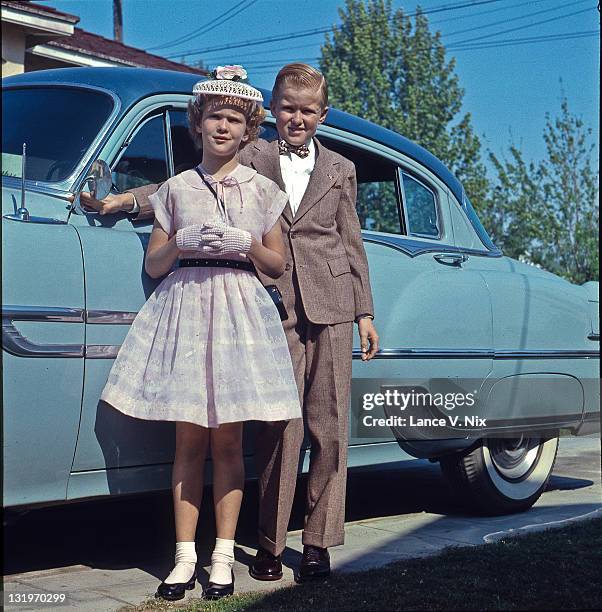 portrait of boy and girl - 1950s america stock pictures, royalty-free photos & images