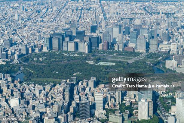 the imperial palace in tokyo of japan aerial view from airplane - aircraft skyscrapers ストックフォトと画像