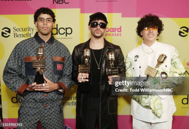 Pictured: Bad Bunny , winner of Top Latin Artist, Top Latin Male Artist, Top Latin Album for “YHLQMDLG”, and Top Latin Song for “Dákiti”, poses...