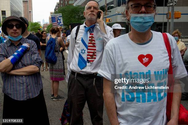 Conservative members of the New York Jewish community hold a rally to denounce recent attacks on Jews and to show their support for Israel on May 23,...