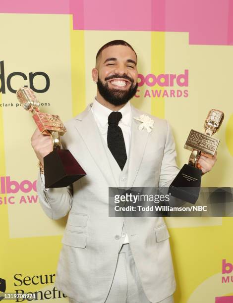 Pictured: Drake, winner of Top Streaming Songs Artist and Artist of the Decade, poses backstage during the 2021 Billboard Music Awards held at the...