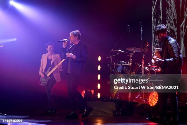 In this image released on May 23, John Taylor, Simon Le Bon, and Roger Taylor of Duran Duran perform with Graham Coxon of Blur at the Hammersmith...