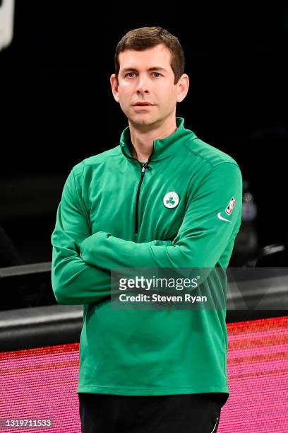 Head coach Brad Stevens of the Boston Celtics looks on against the Brooklyn Nets in Game One of the First Round of the 2021 NBA Playoffs at Barclays...