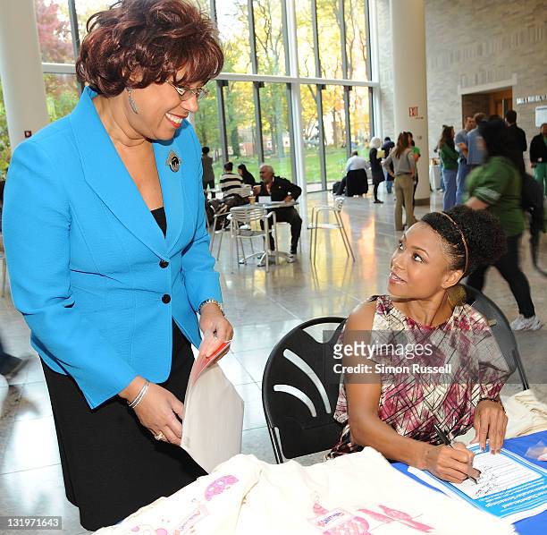 Dominque Dawes and Ruth Hunt Director of Communications at Bellevue Hospital host free diabetes testing at the Bellevue Hospital Center Atrium on...
