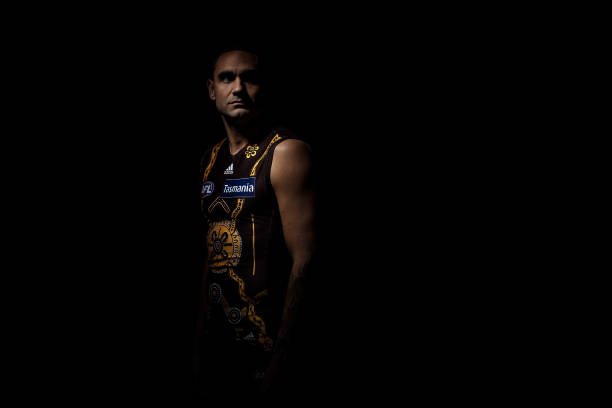 Proud Kokatha man Shaun Burgoyne poses during a portrait session in the Hawthorn Hawks 2021 Sir Douglas Nicholls AFL Round Indigenous Jumper designed...