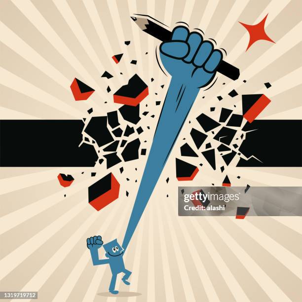 one man (author, journalist, artist, editor) breaking through a ceiling wall with his powerful fist and pencil - school rules stock illustrations