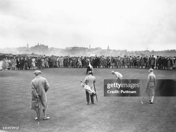 Joyce Wethered and Mrs D. G. Madill at the last green, during the 2nd day of the Ladies Open Golf Championship at St Andrews, Scotland, 15th May 1929.