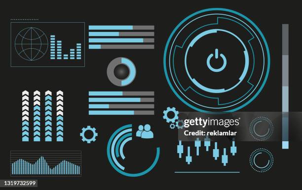 ilustrações de stock, clip art, desenhos animados e ícones de hud futuristic green user interface, dashboard display virtual reality technology screen - hud graphic