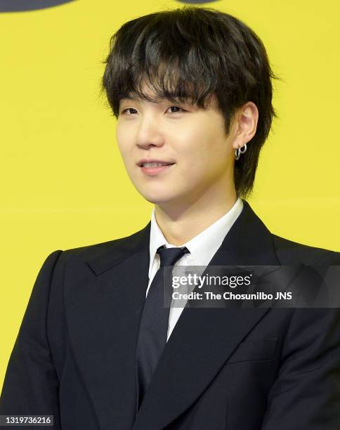 Suga of BTS attends a press conference for BTS's new digital single 'Butter' at Olympic Hall on May 21, 2021 in Seoul, South Korea.