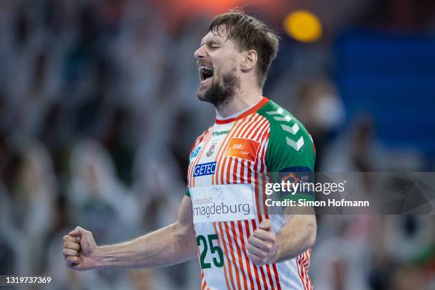 Marko Bezjak of Magdeburg celebrates a goal during the EHF European League Final match between SC Magdeburg and Fuechse Berlin at SAP Arena on May...