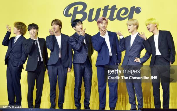 Attends a press conference for BTS's new digital single 'Butter' at Olympic Hall on May 21, 2021 in Seoul, South Korea.