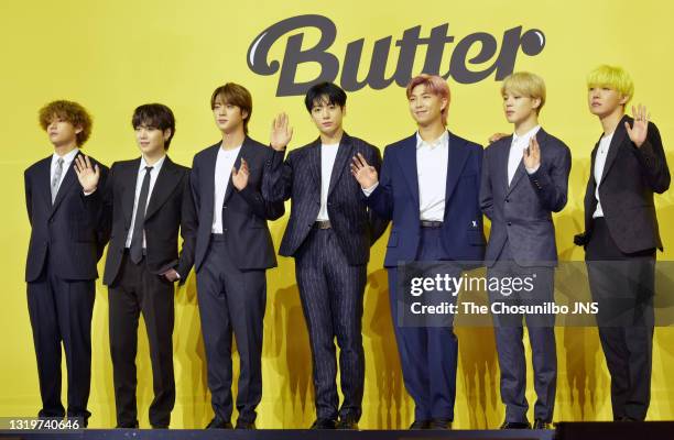 Attends a press conference for BTS's new digital single 'Butter' at Olympic Hall on May 21, 2021 in Seoul, South Korea.