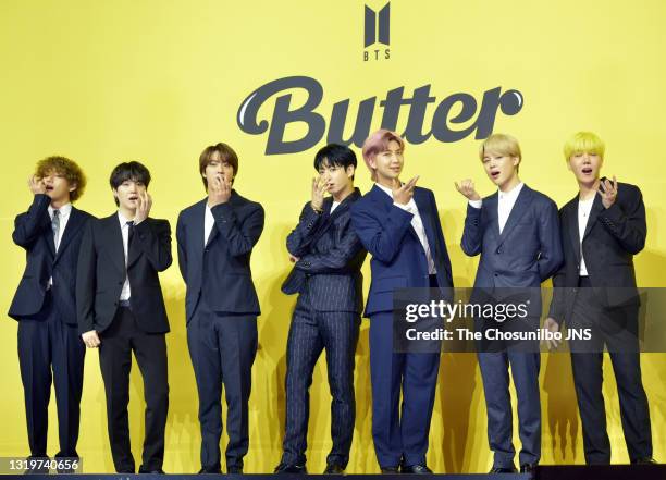 Attends a press conference for BTS's new digital single 'Butter' at Olympic Hall on May 21, 2021 in Seoul, South Korea.