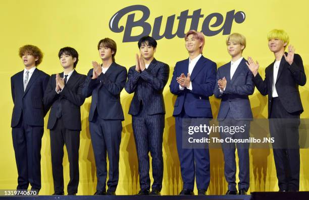 Attends a press conference for BTS's new digital single 'Butter' at Olympic Hall on May 21, 2021 in Seoul, South Korea.