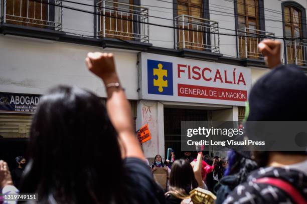 Women protest in front of prosecution facilities against sexual violence attacks by state forces in Pasto, Narino, Colombia on May 14, 2021.