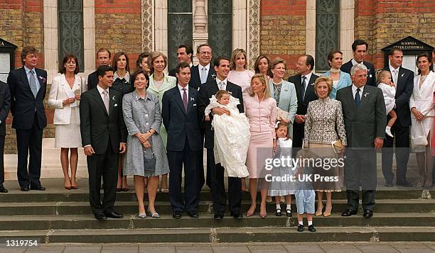 The royal family and friends attend the christening of Crown Prince and Crown Princess Pavlos of Greece''s son Achileas Andraes, center front, June...