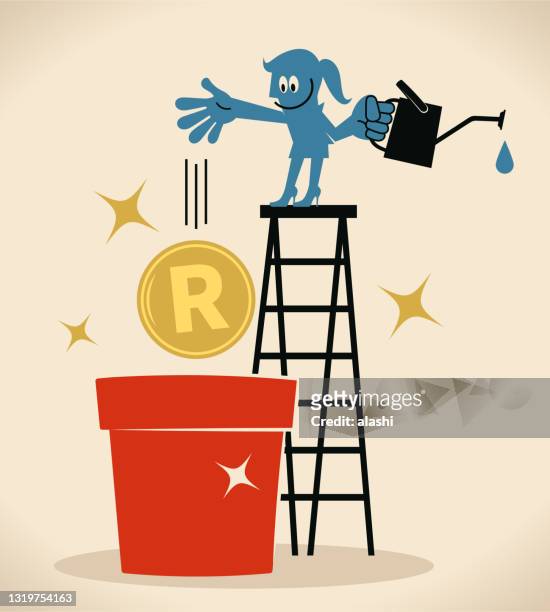 businesswoman on top of a ladder sowing and watering a money seed (south african rand currency) - rand stock illustrations