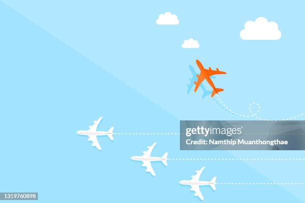 think differently illustration concept shows the different color of airplane move forward from the same color airplane to make the symbol of brave of think out of box for creating the new innovation. - picto avion photos et images de collection