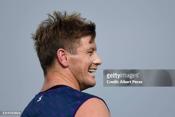 Harry Grant is seen during a Melbourne Storm NRL training session at Sunshine Coast Stadium on May 24, 2021 in Sunshine Coast, Australia.