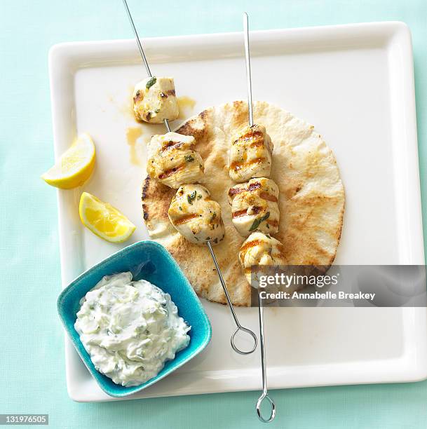 grilled chicken skewers with cucumber slaw - tzatziki photos et images de collection